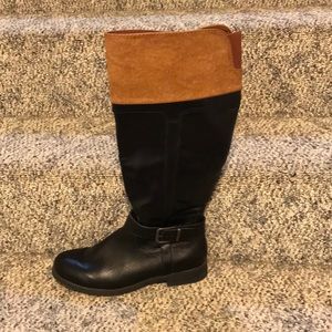 Womens black and brown leather calf height boots